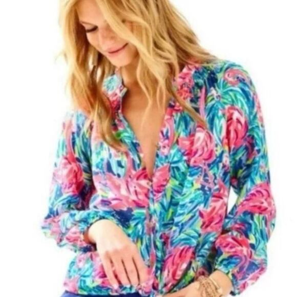 Lilly Pulitzer Blouse Button Front Elsa in Flamenco Beach Flamingo Print Size Sm - Picture 1 of 8